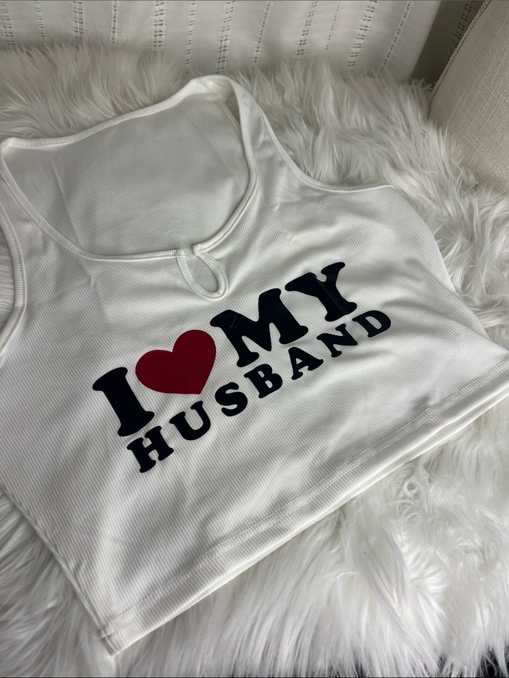 White Ribbed Crop Tank with 'I ♥ MY HUSBAND' Graphic